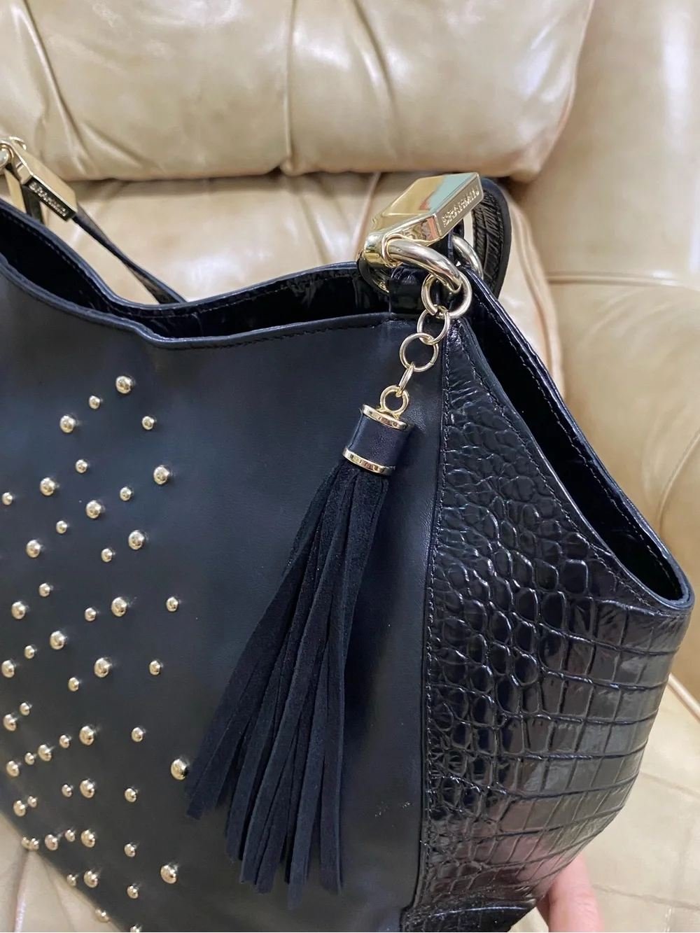 RARE Brahmin Nara Stud Marianna Tassel + Zip Wallet + Key Fob Leather Black/Gold